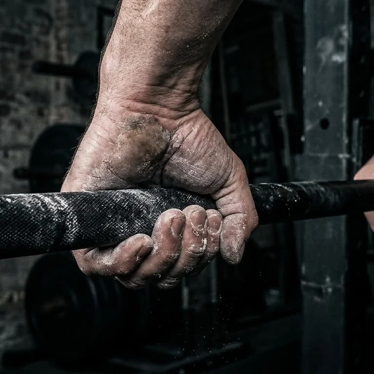Chalked hands gripping a barbell