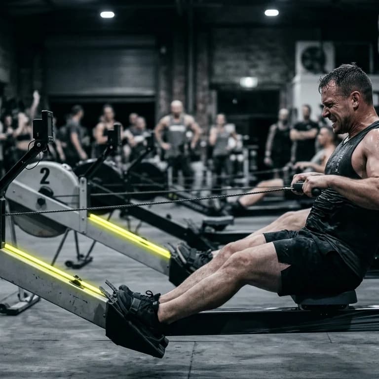 Athletes rowing on ergometers in a fitness race