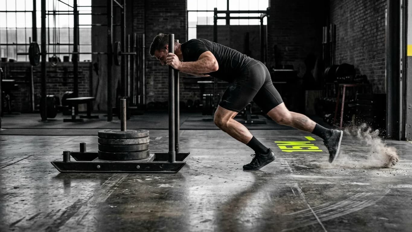 Athlete pushing a heavy sled